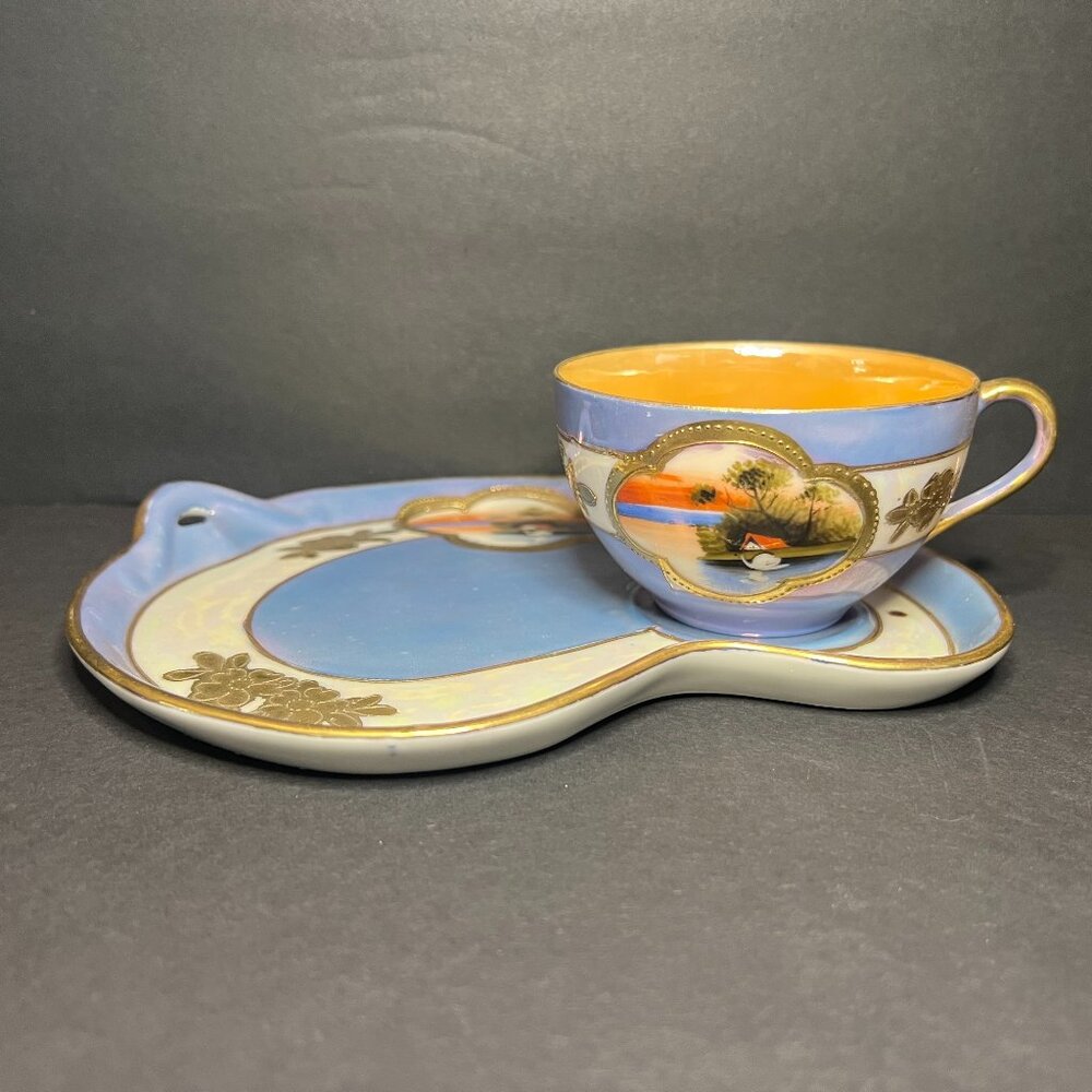 Vintage Takito Japanese Lustreware Porcelain Swan Scene Teacup & Snack Plate Set
